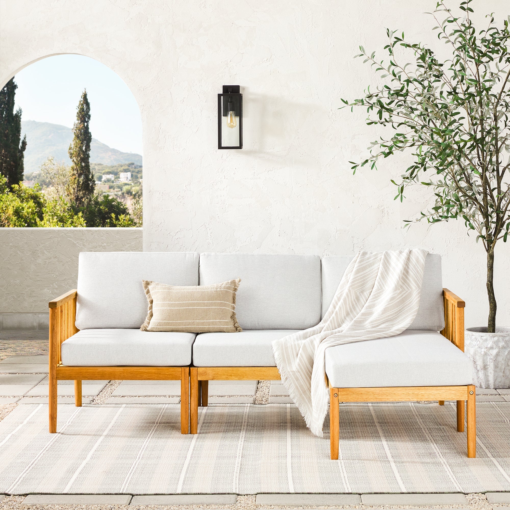 Ensemble de canapé d'angle d'extérieur moderne en bois massif, composé de 3 pièces et de fuseaux.