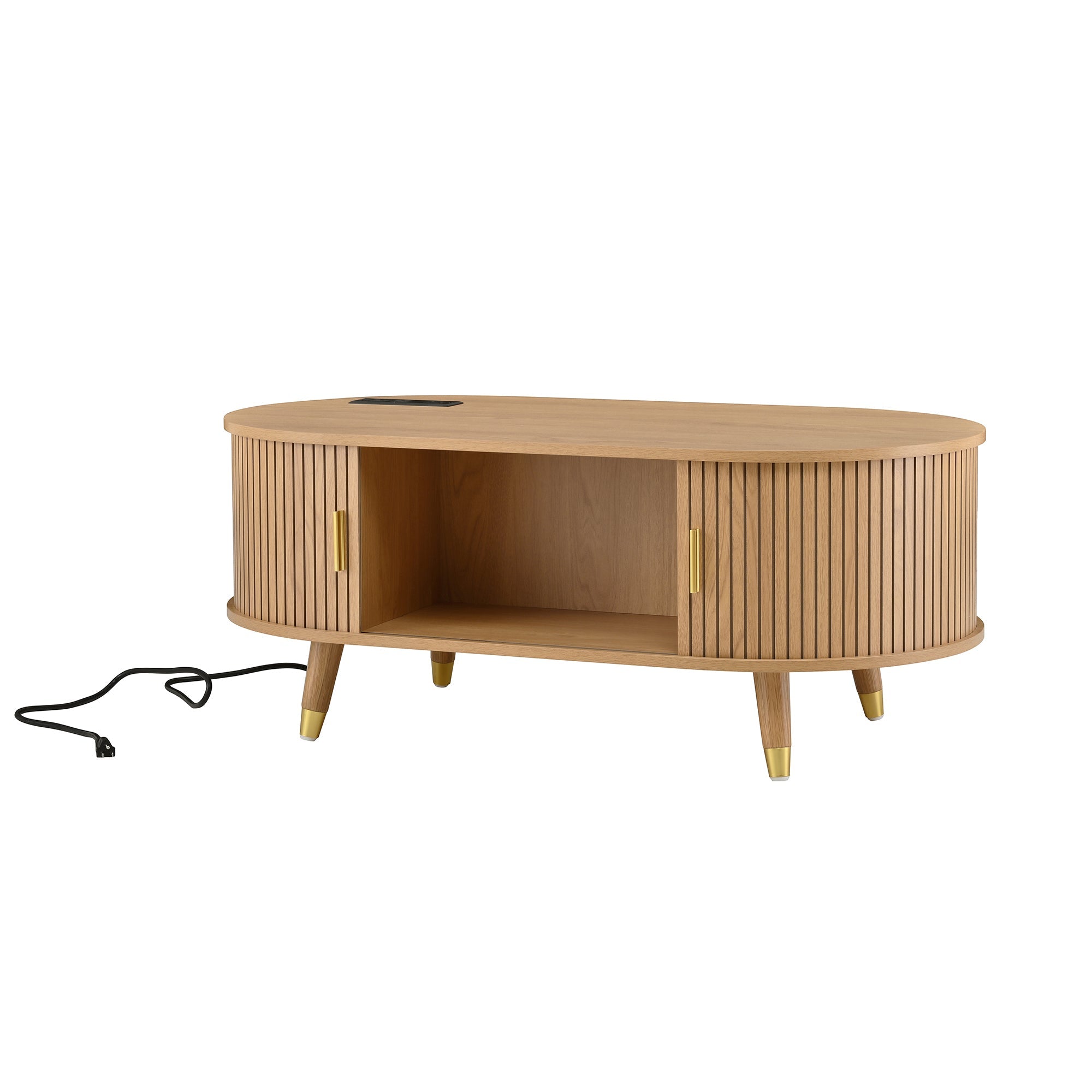 Ensemble de meuble TV et table basse ovales en teck cannelé, design incurvé, 3 pièces, pour téléviseurs jusqu'à 80 pouces. 