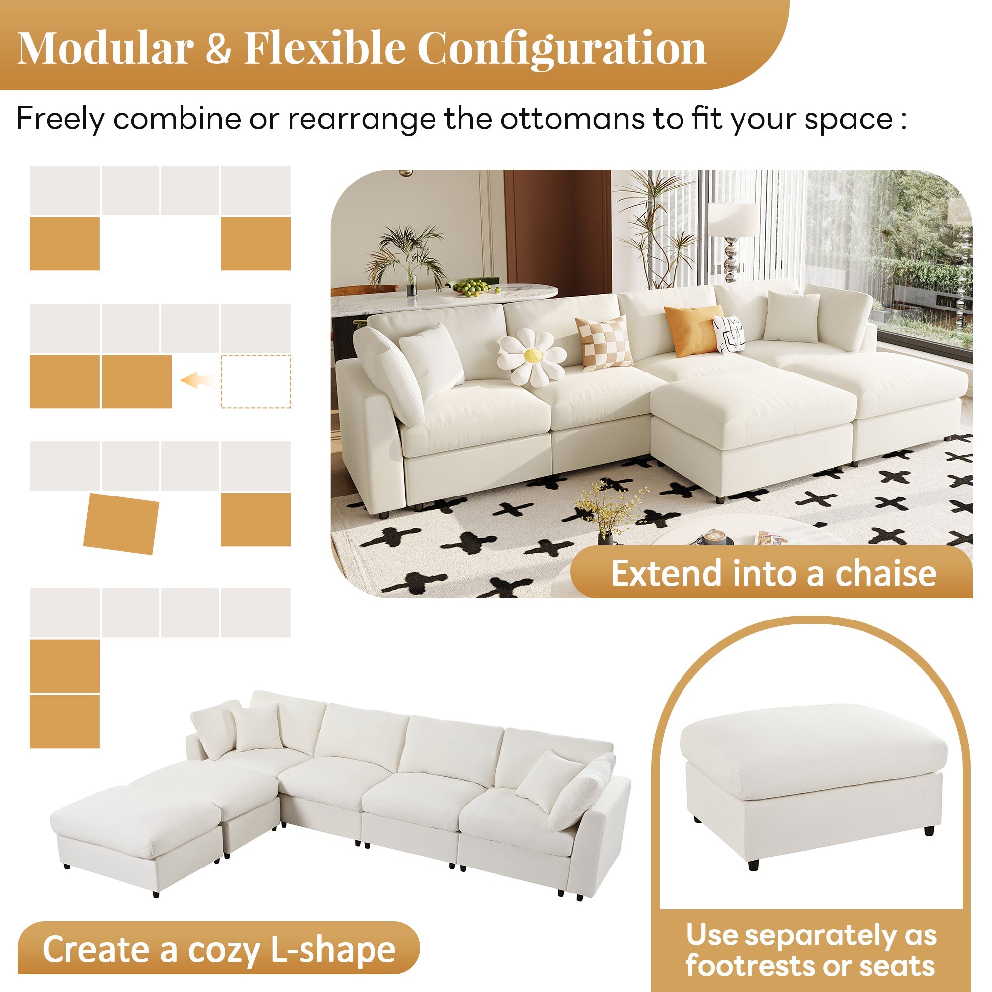 Canapé d'angle modulaire moderne en chenille en forme de U avec deux poufs