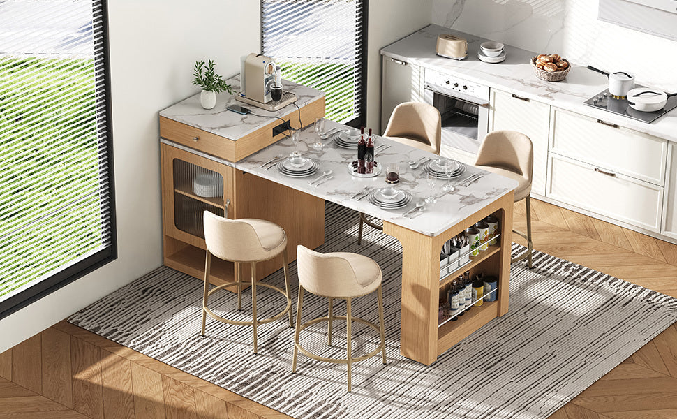 Îlot de cuisine de 181 cm avec table à manger extensible, nombreux rangements et prise électrique