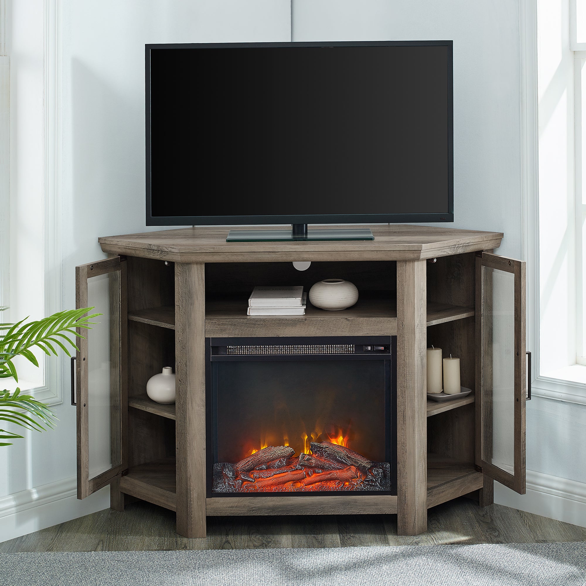Meuble TV d'angle avec cheminée en bois Barn 48