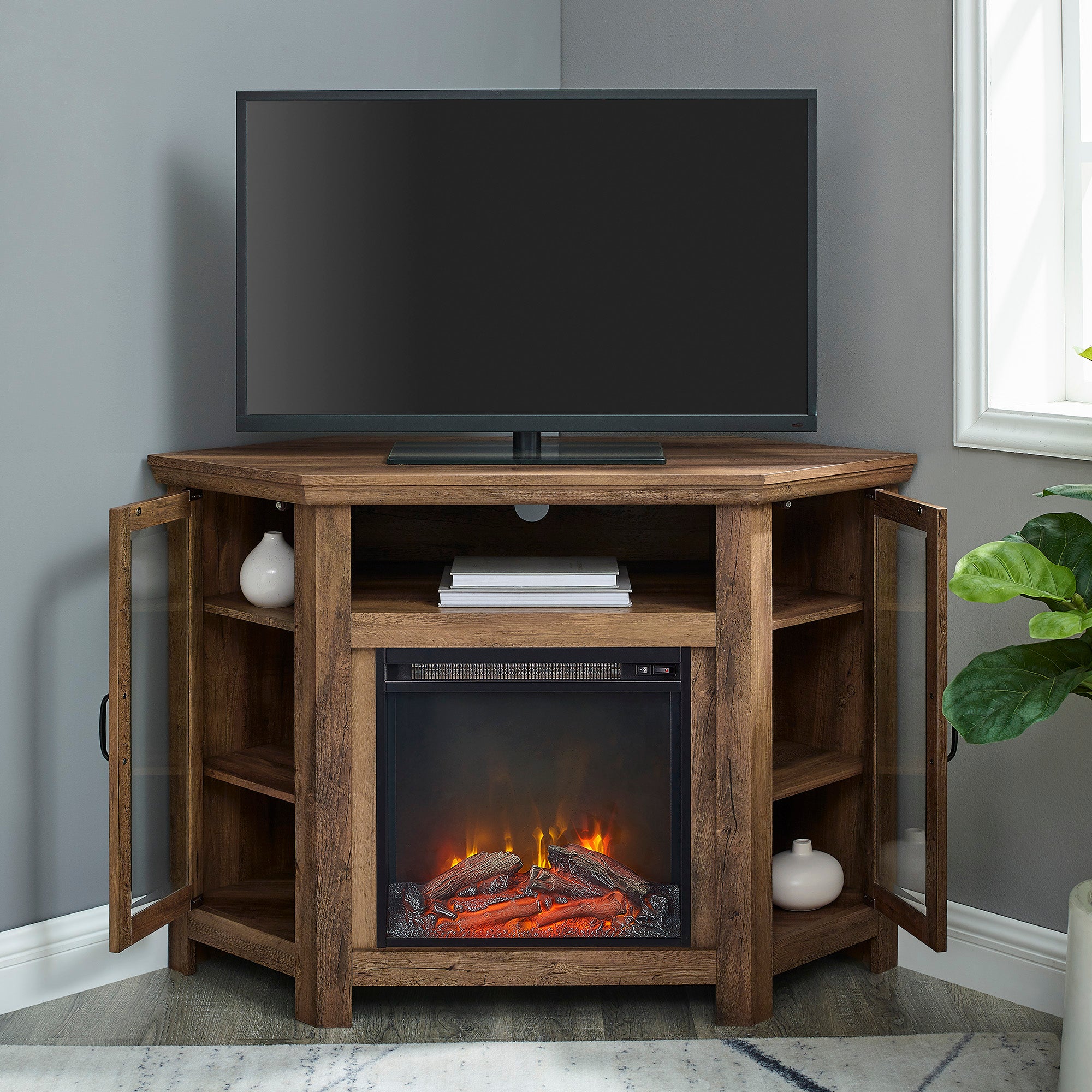 Meuble TV d'angle avec cheminée en bois Barn 48