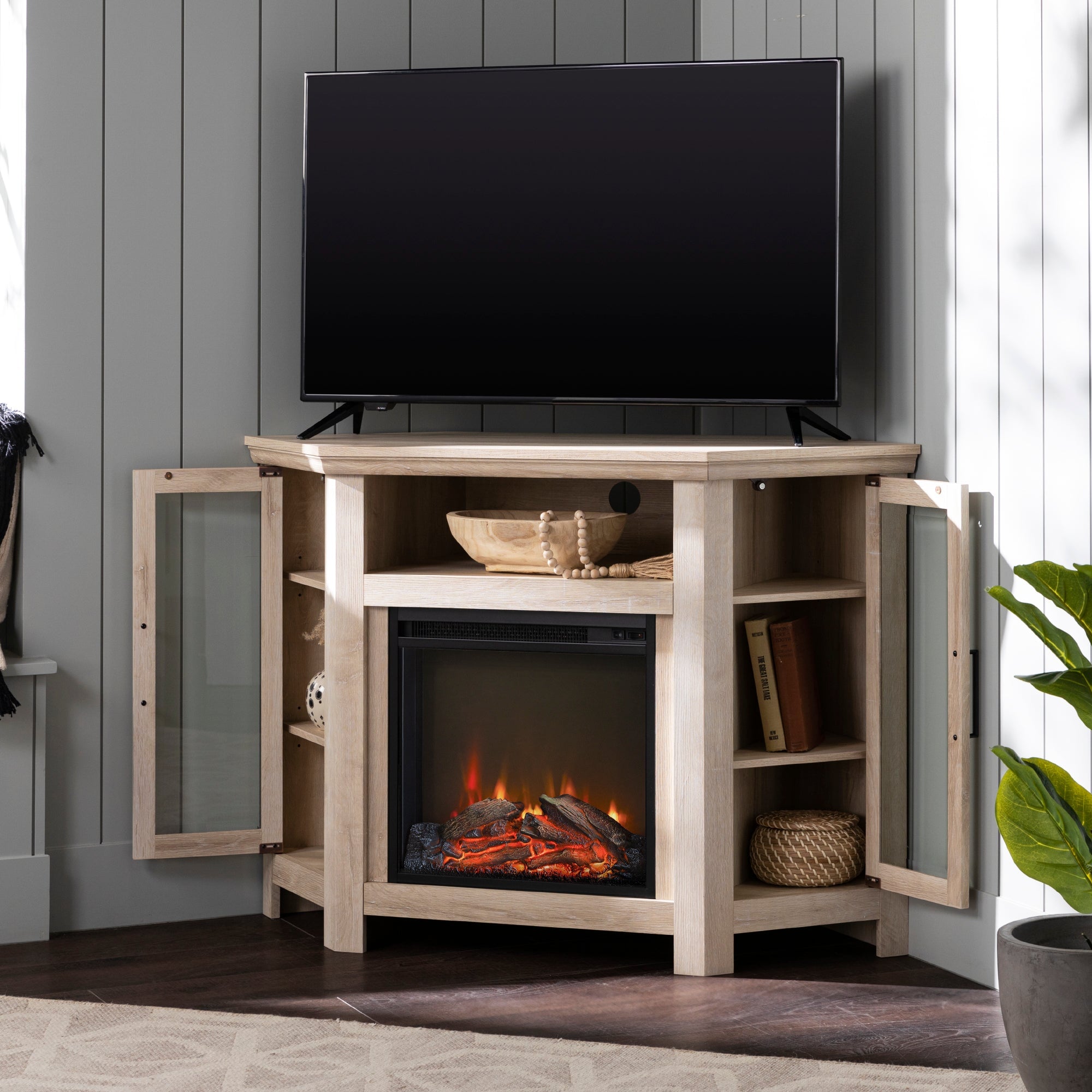 Meuble TV d'angle avec cheminée en bois Barn 48