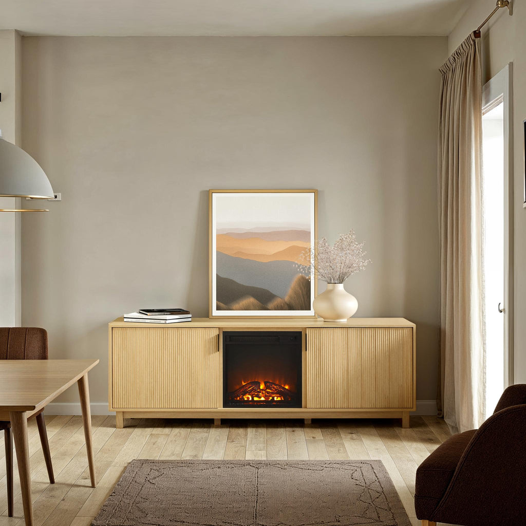 Meuble TV Reema scandinave moderne 70 à cannelures avec cheminée électrique autoportante