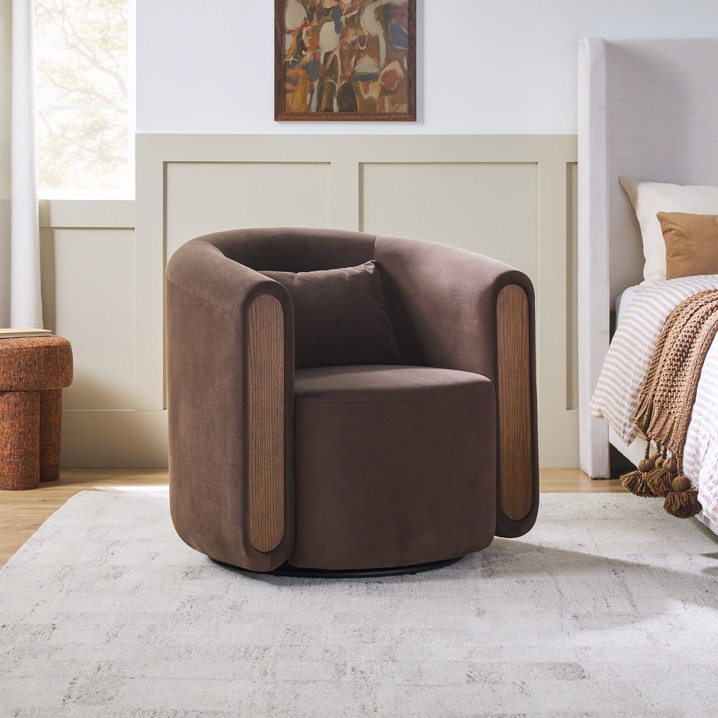 Fauteuil d'appoint pivotant Chantelle, moderne et capitonné, en forme de tonneau
