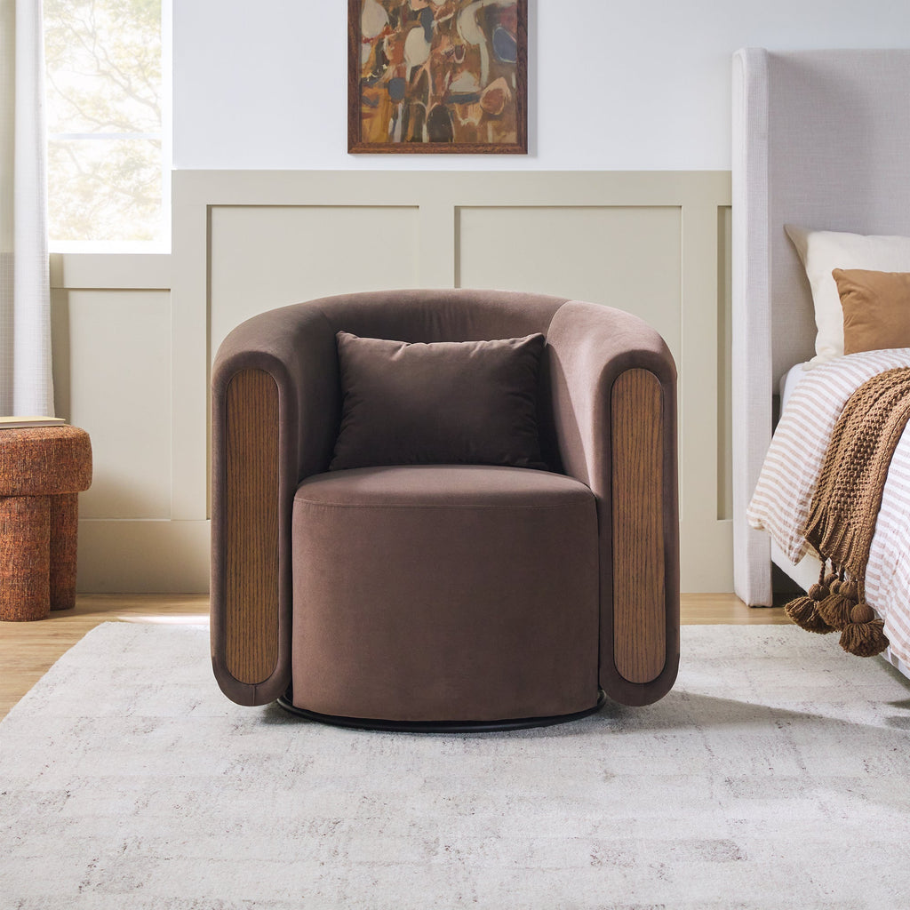 Fauteuil d'appoint pivotant Chantelle, moderne et capitonné, en forme de tonneau