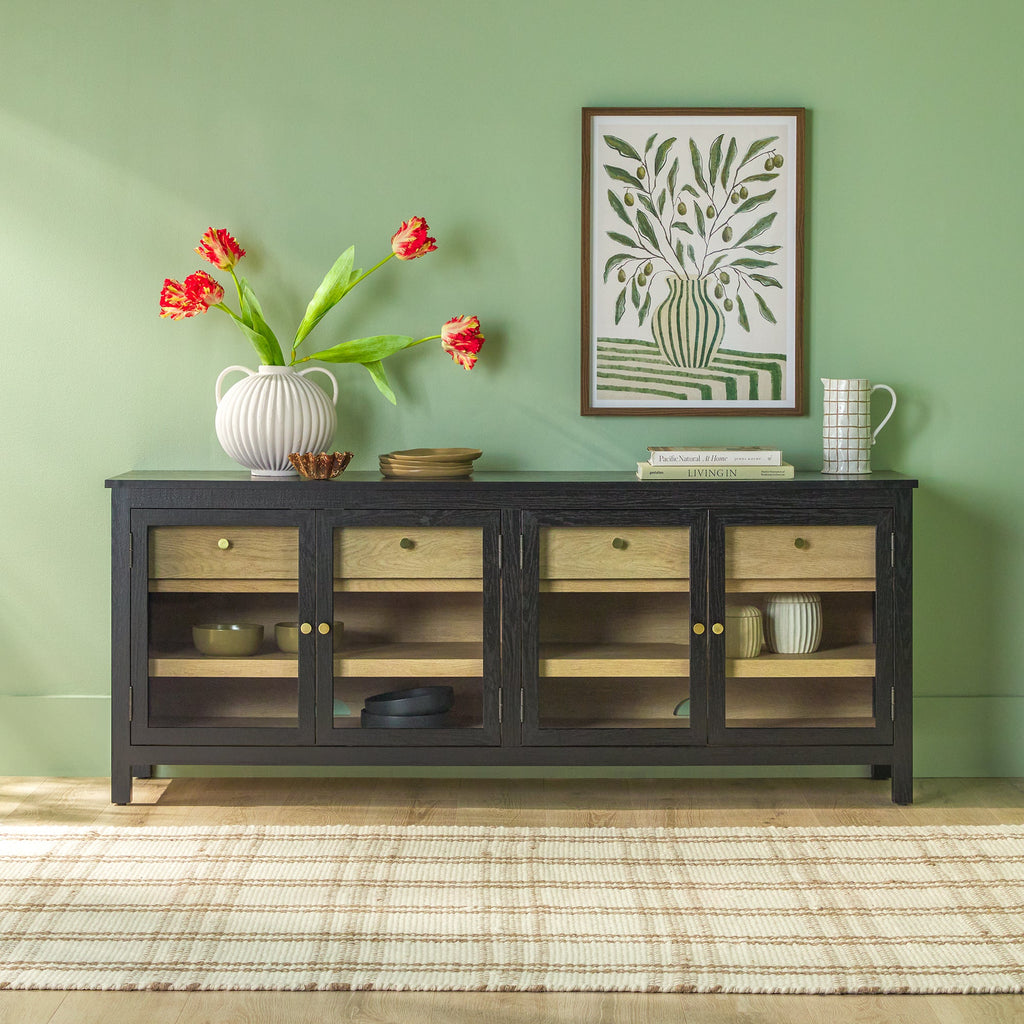 Buffet/meuble TV Harlow traditionnel à porte vitrée, montage facile