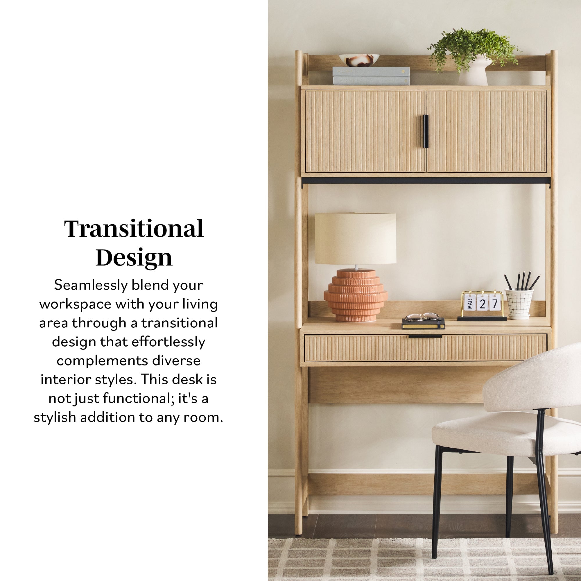 Bureau Holmes moderne de style scandinave cannelé avec rangement et port USB