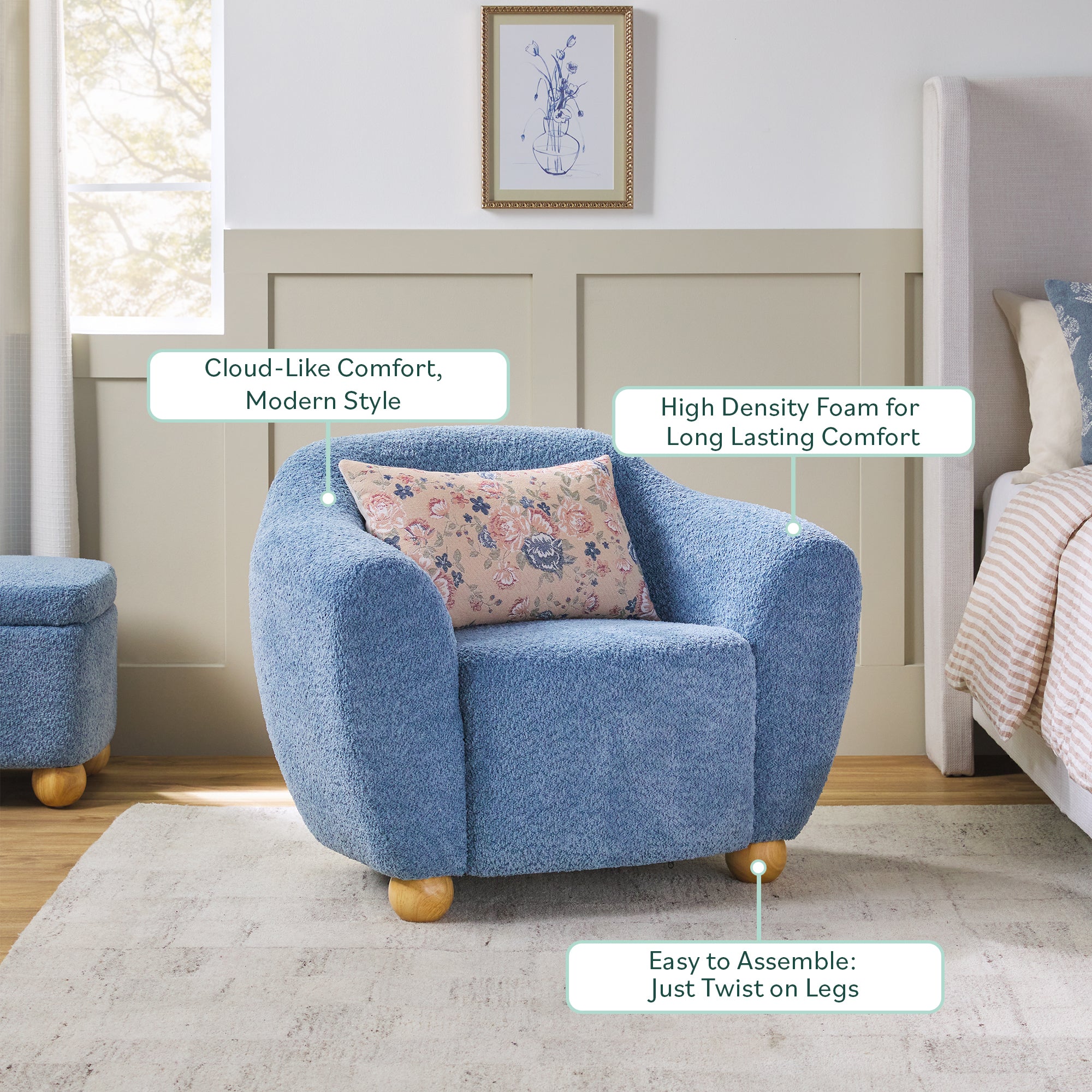 Ensemble fauteuil d'appoint rembourré Linley Contemporary Boucl¨¦ avec repose-pieds