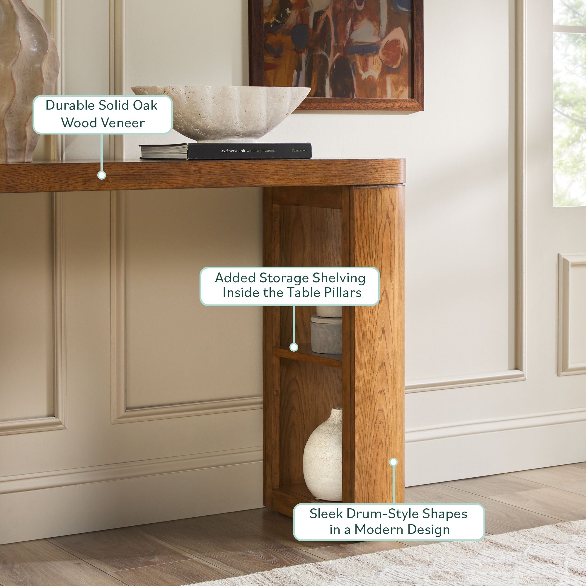 Console d'entrée Maya 48, moderne, facile à assembler, en placage chêne, avec rangement