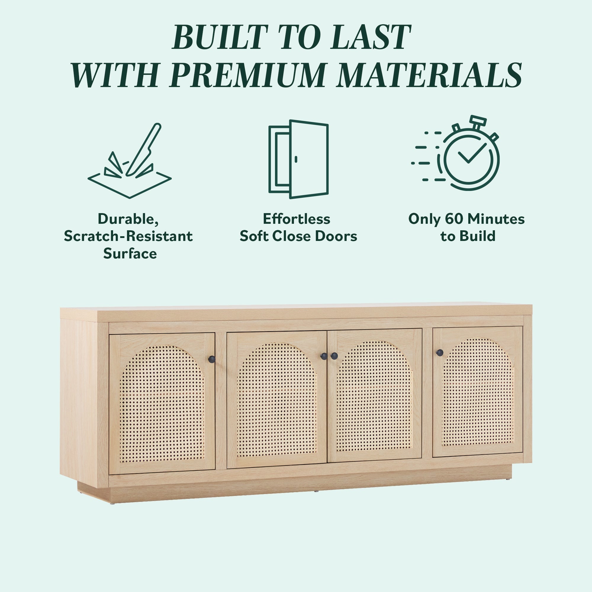 Meuble TV et buffet contemporains Sasha avec portes en rotin pour téléviseur jusqu'à 80 pouces