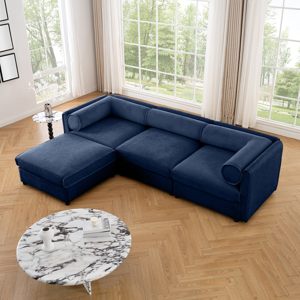 Walker Edison | Élégant canapé d'angle 3 places en chenille bleue avec rangement et pouf