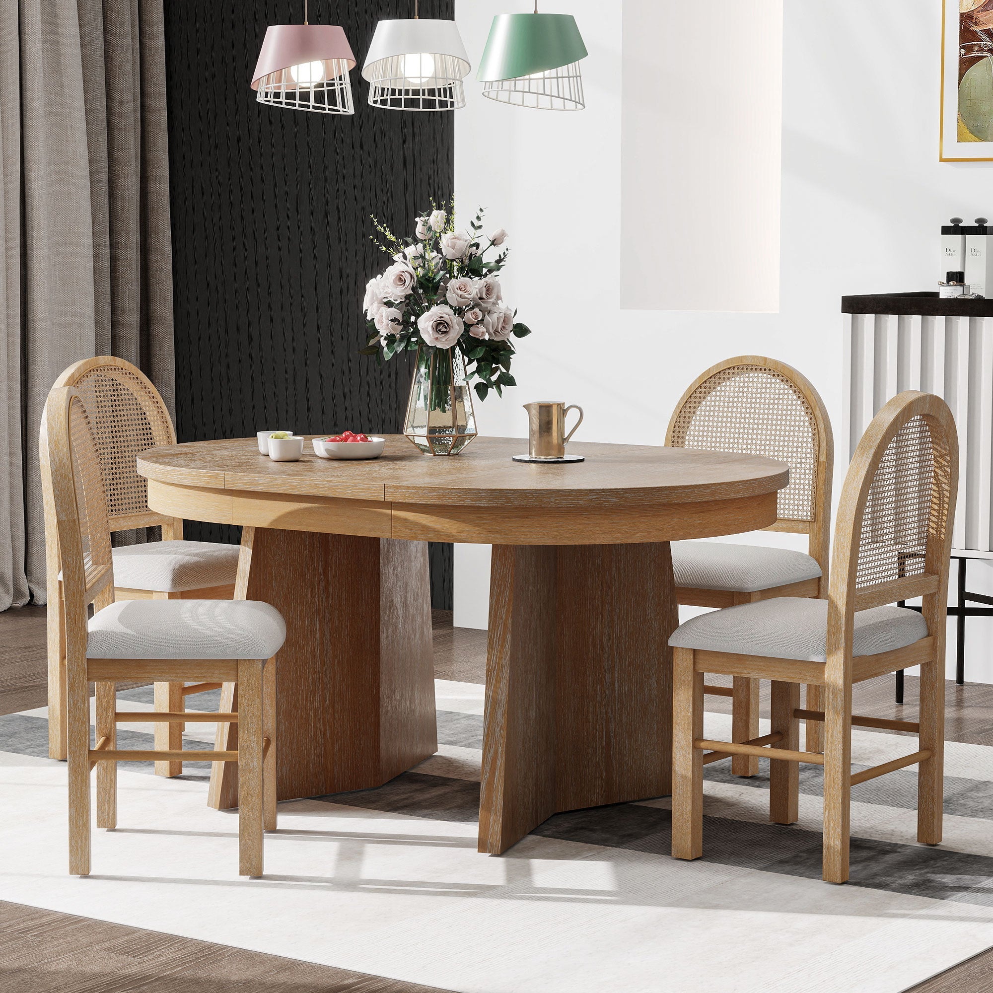 Walker Edison | Ensemble table et chaises de salle à manger rondes extensibles 5 pièces pour 4 personnes