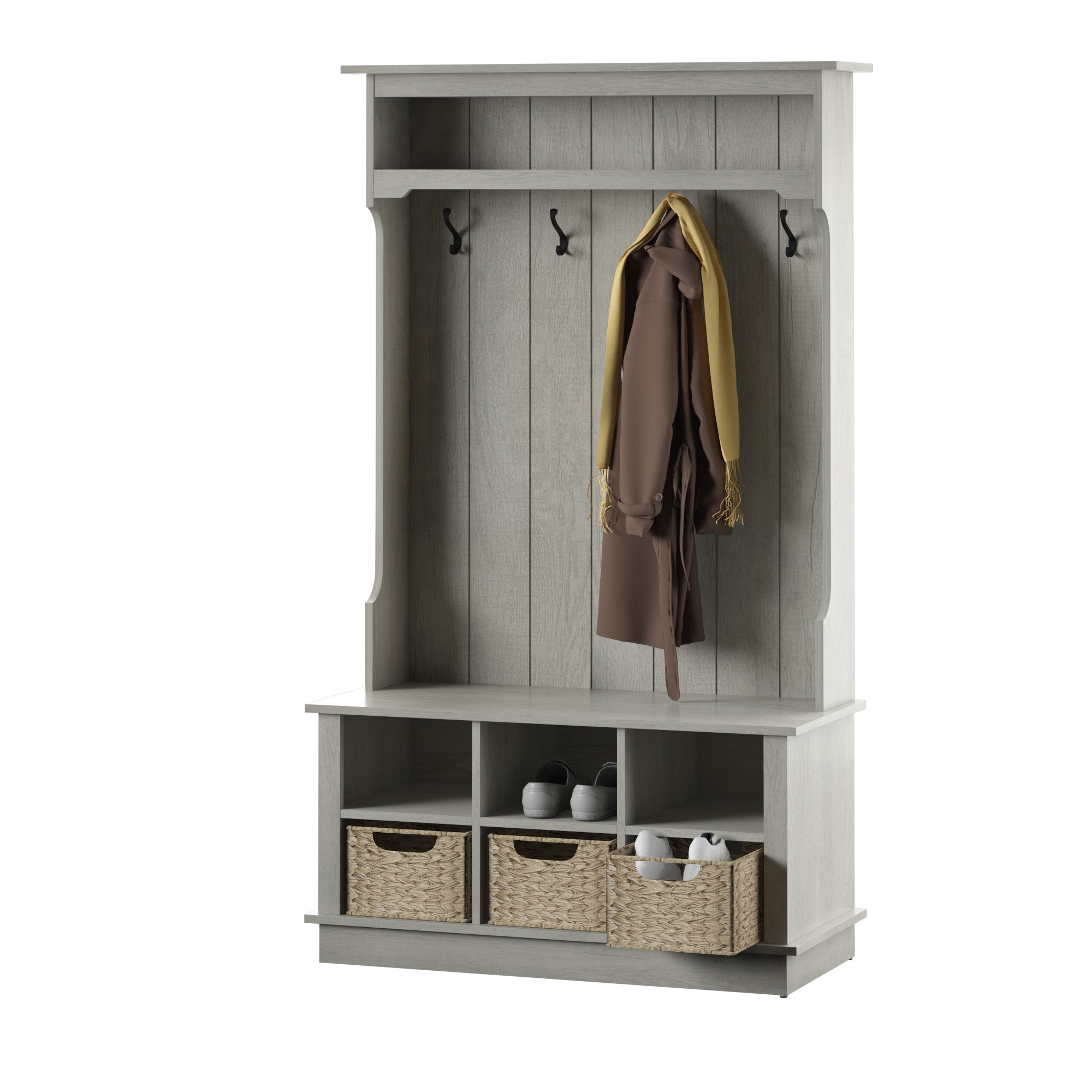 Porte-manteau d'entrée avec paniers et rangements ouverts