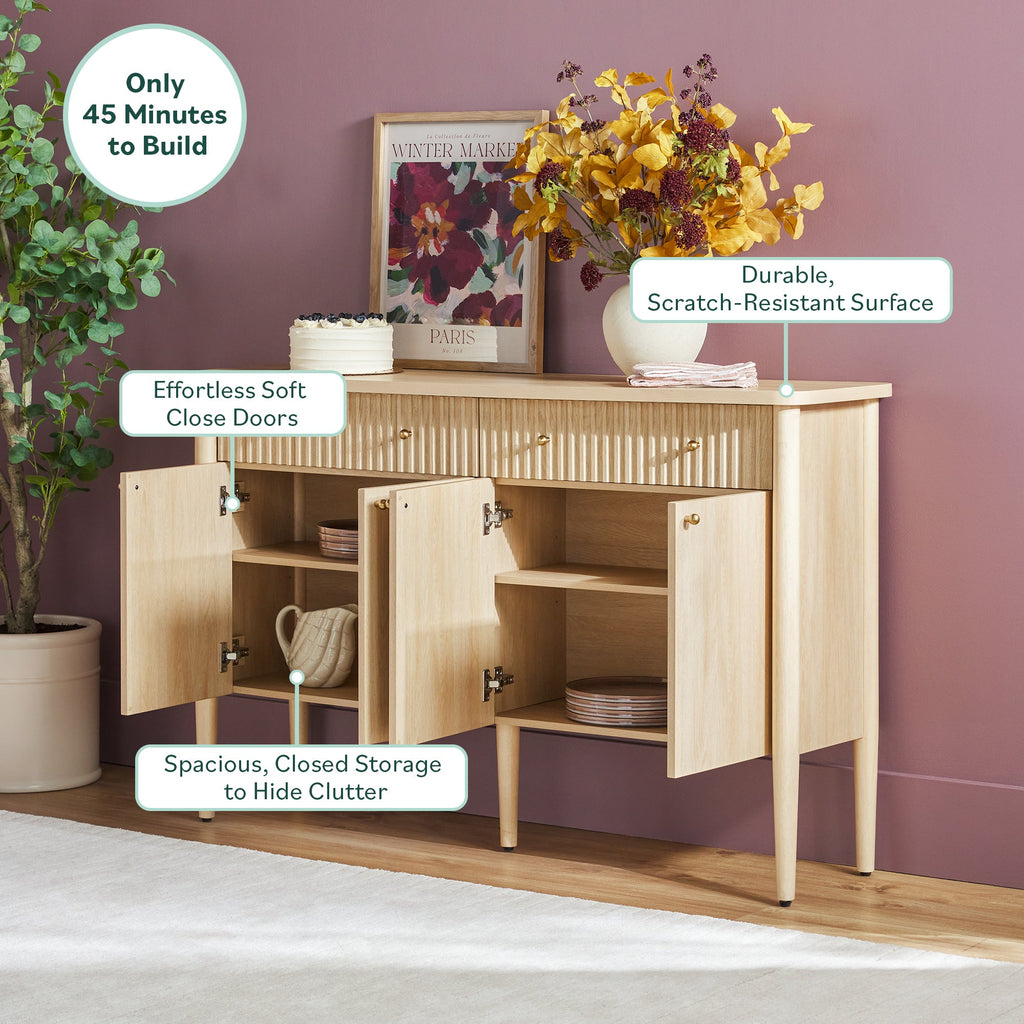 Buffet/meuble TV moderne Samantha en bois cannelé, montage facile, 58 pouces.