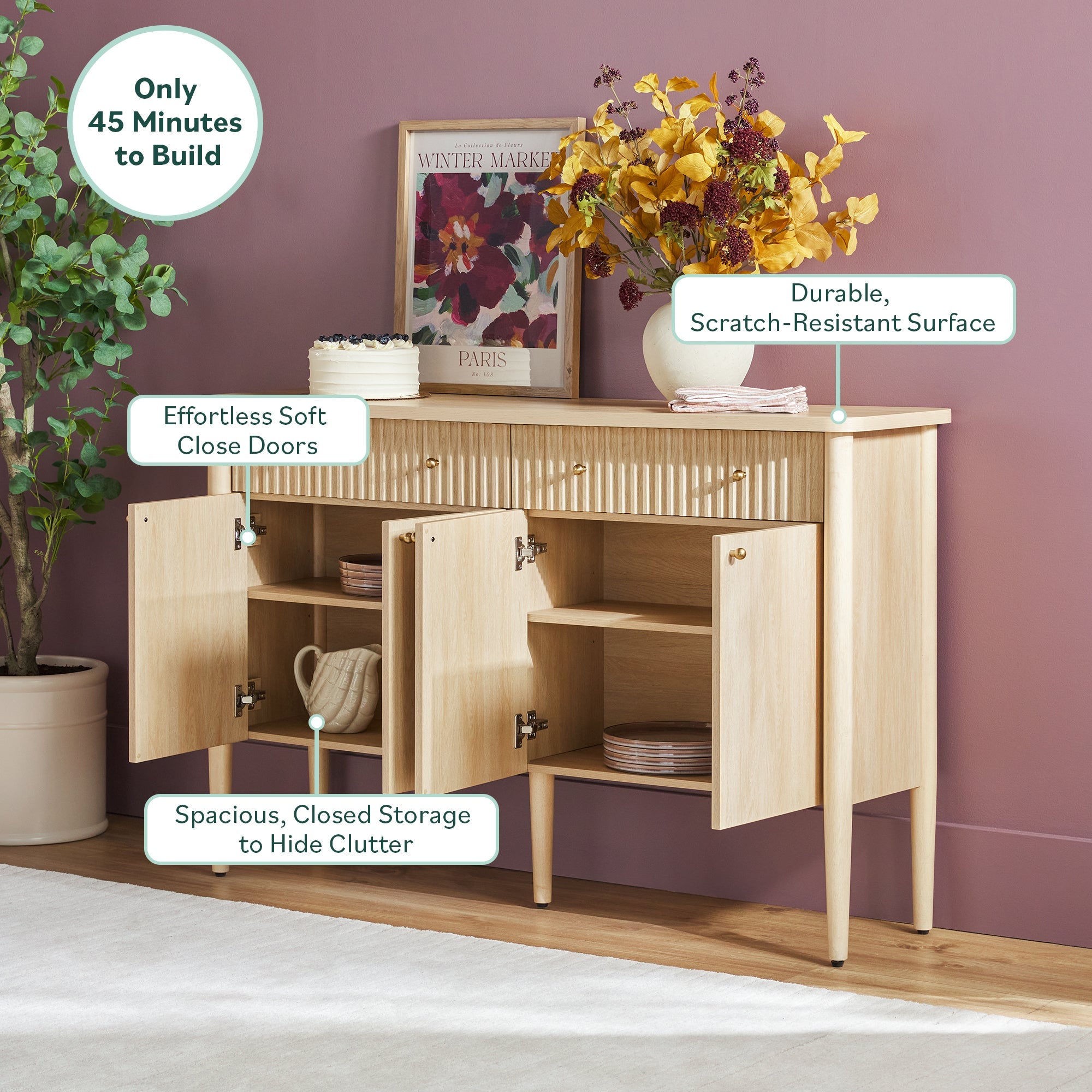 Buffet/meuble TV moderne Samantha en bois cannelé, montage facile, 58 pouces.