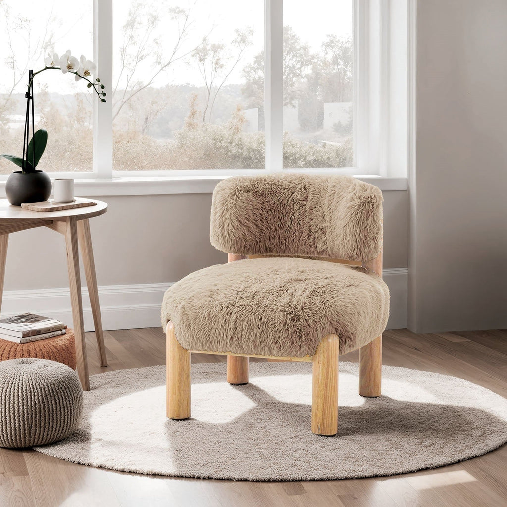 Fauteuil d'appoint contemporain en tissu peluche avec pieds en bois