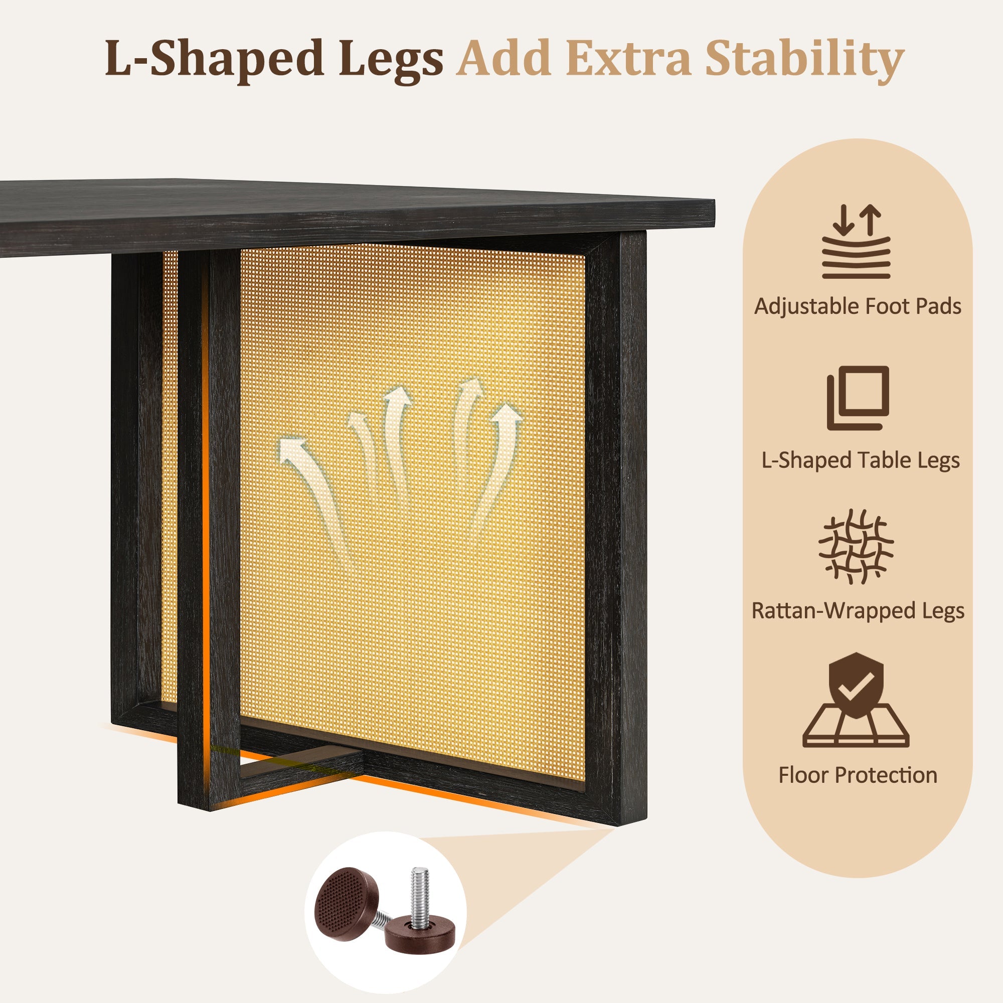 Ensemble de table et chaises de style campagnard en rotin bohème 7 pièces pour 6 personnes