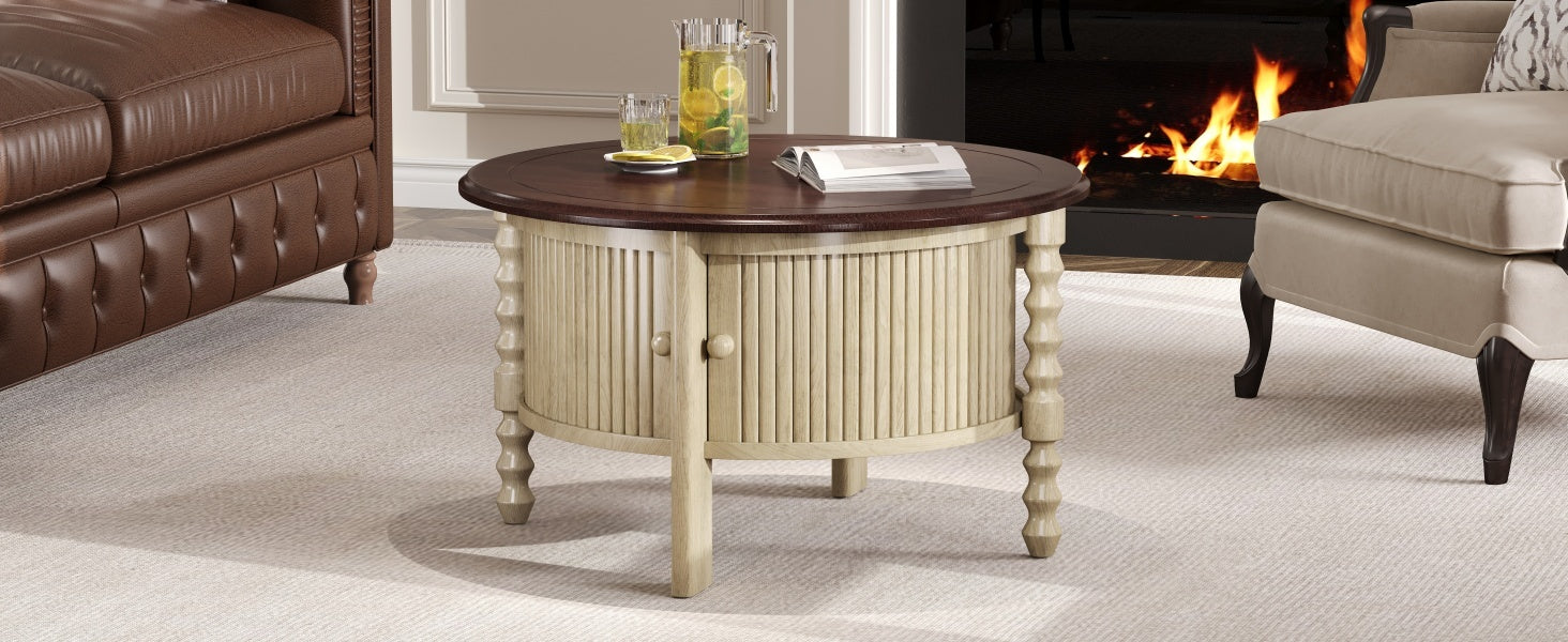 Table basse ronde de style traditionnel de 77 cm avec porte coulissante de rangement