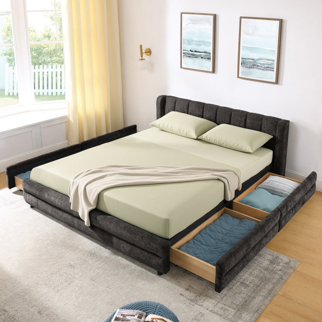 Cadre de lit rembourré en chenille, format queen, avec tiroirs 