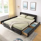 Cadre de lit rembourré en chenille, format queen, avec tiroirs 