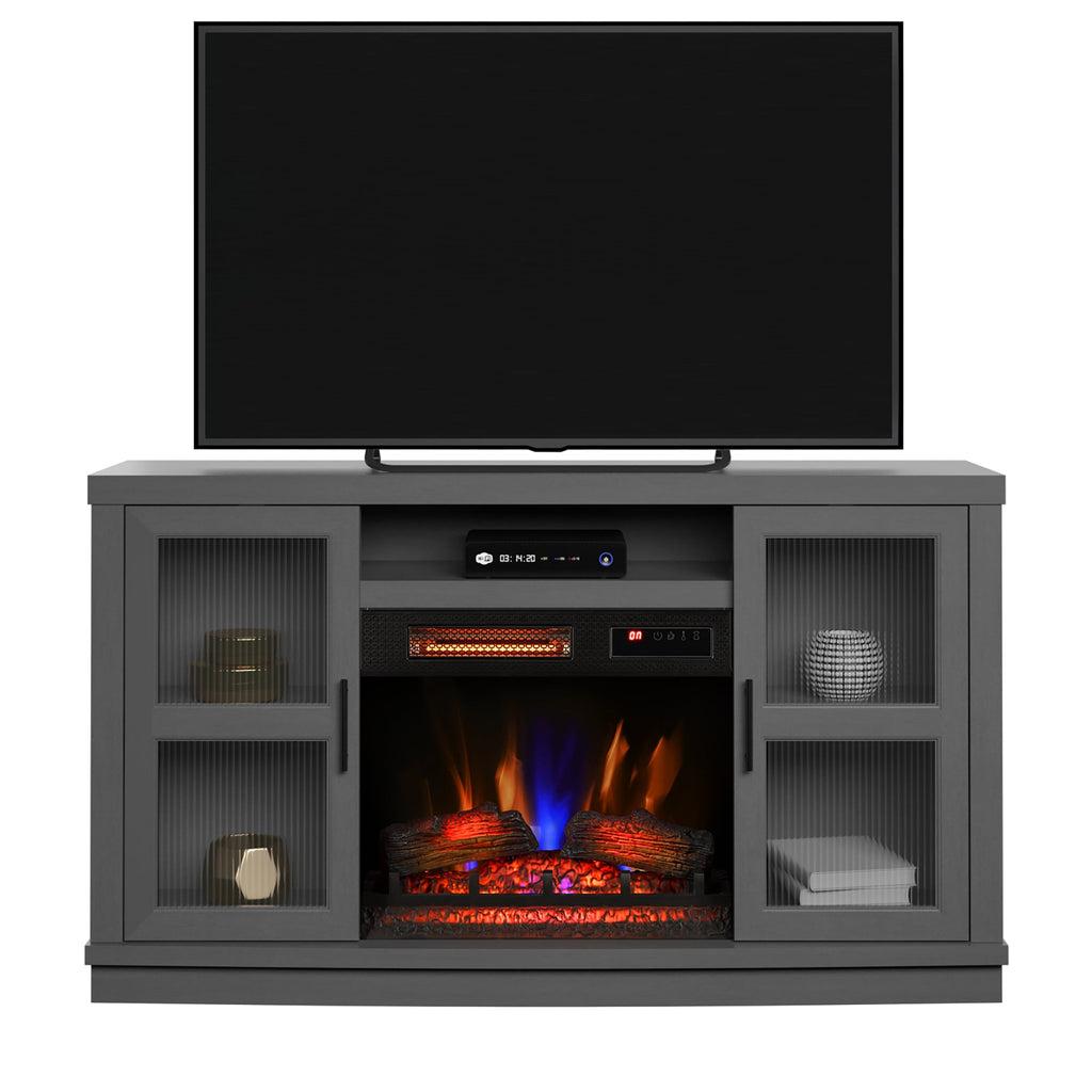 Duraflame ? Meuble TV avec cheminée électrique et porte en verre cannelé