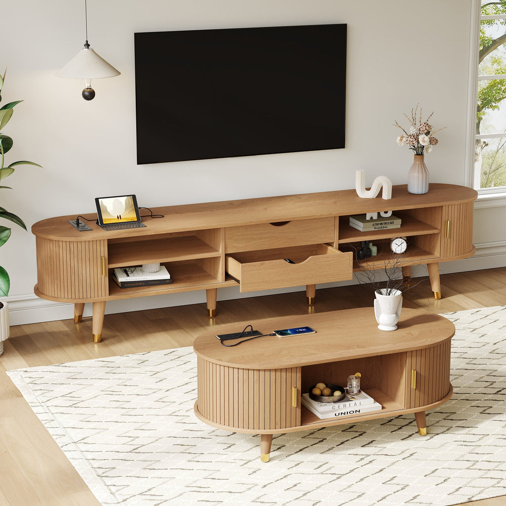 Ensemble de meuble TV et table basse ovales en teck cannelé, design incurvé, 3 pièces, pour téléviseurs jusqu'à 80 pouces. 