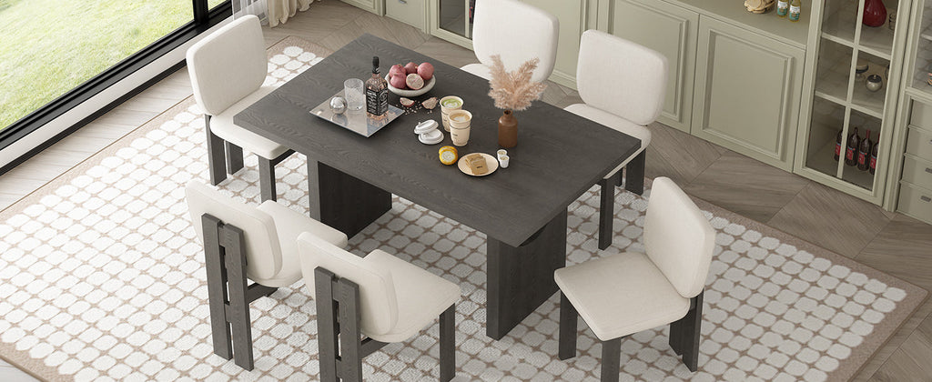 Walker Edison | Ensemble table et chaises rétro en bois 7 pièces pour 6 personnes, 152 cm, avec chaises rembourrées 