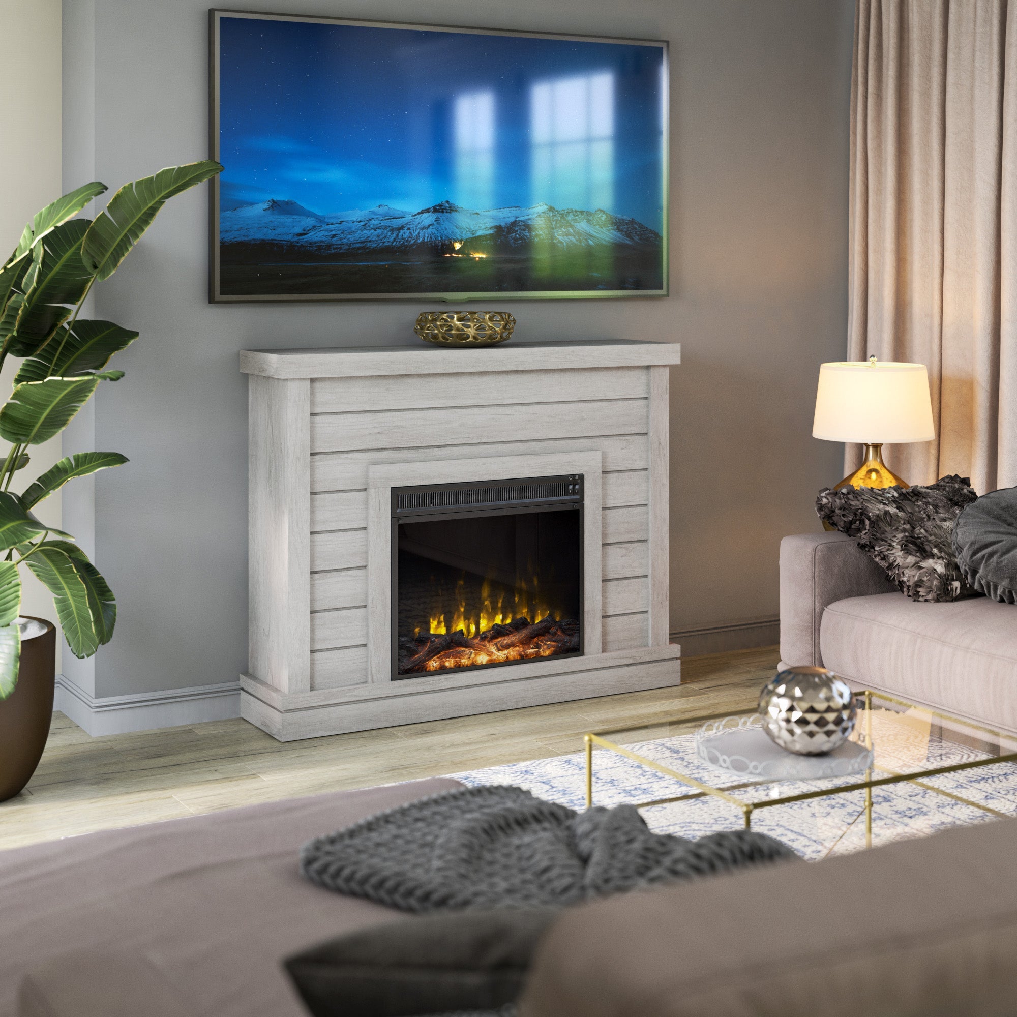 Cheminée murale de style campagnard avec lambris et foyer électrique