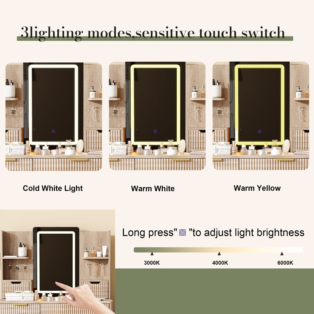 Coiffeuse moderne cannelée avec miroir LED et tabouret