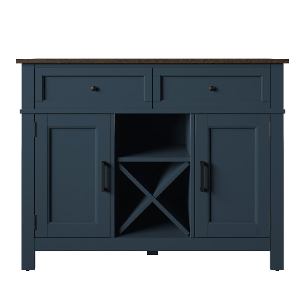 Buffet de style campagnard avec étagères à vin et rangement pour verres à pied