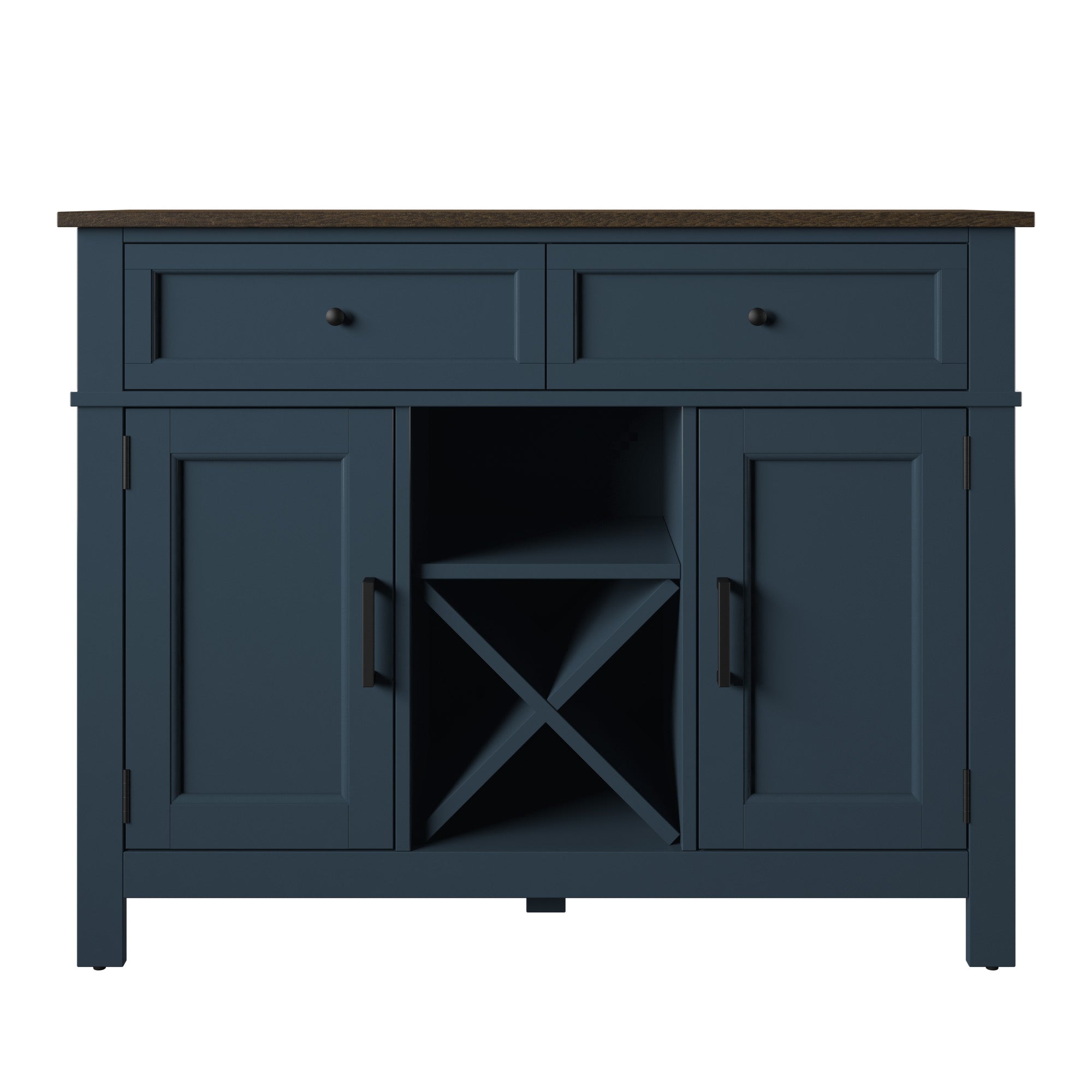 Buffet de style campagnard avec étagères à vin et rangement pour verres à pied