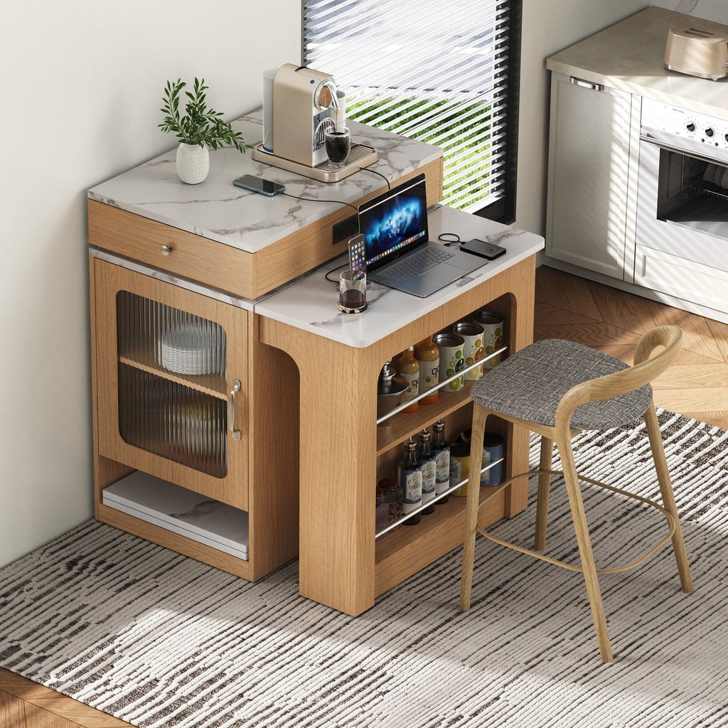 Îlot de cuisine de 181 cm avec table à manger extensible, nombreux rangements et prise électrique