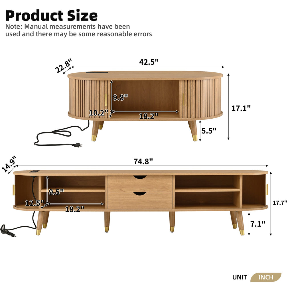 Ensemble de meuble TV et table basse ovales en teck cannelé, design incurvé, 3 pièces, pour téléviseurs jusqu'à 80 pouces. 