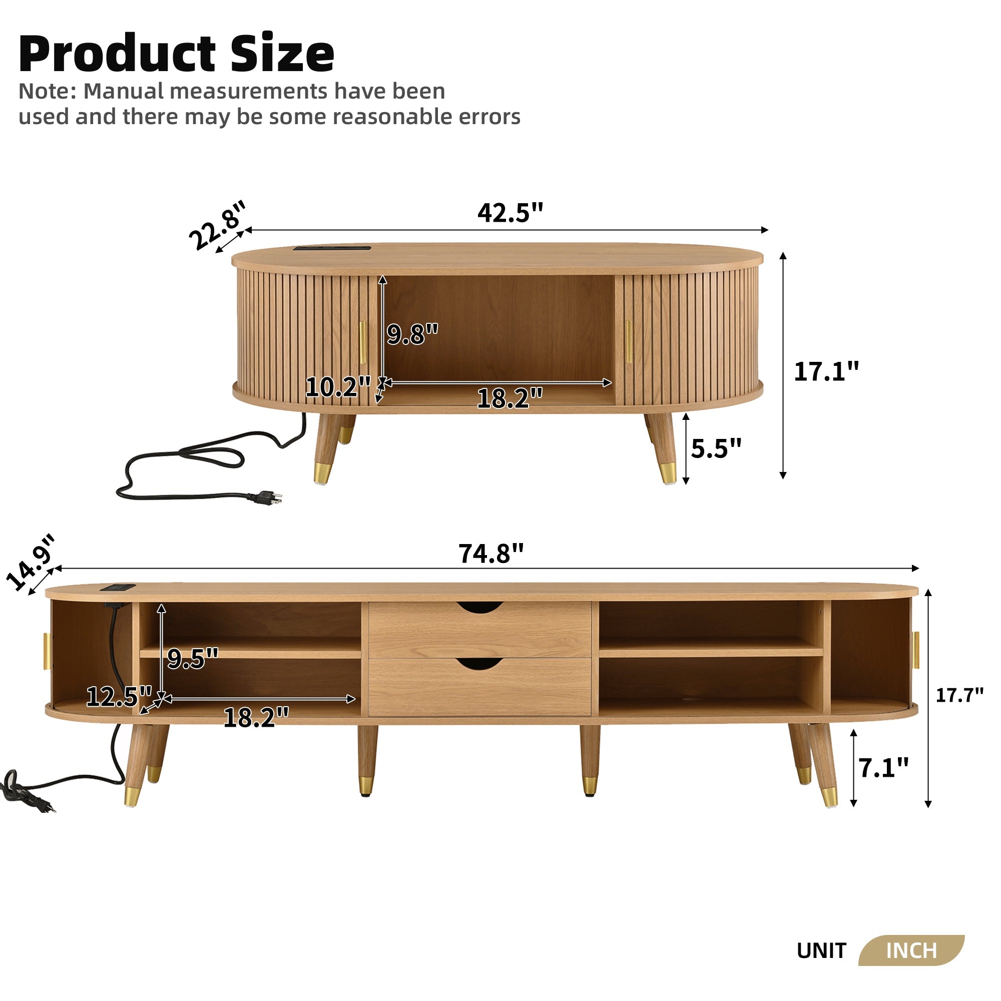 Ensemble de meuble TV et table basse ovales en teck cannelé, design incurvé, 3 pièces, pour téléviseurs jusqu'à 80 pouces. 