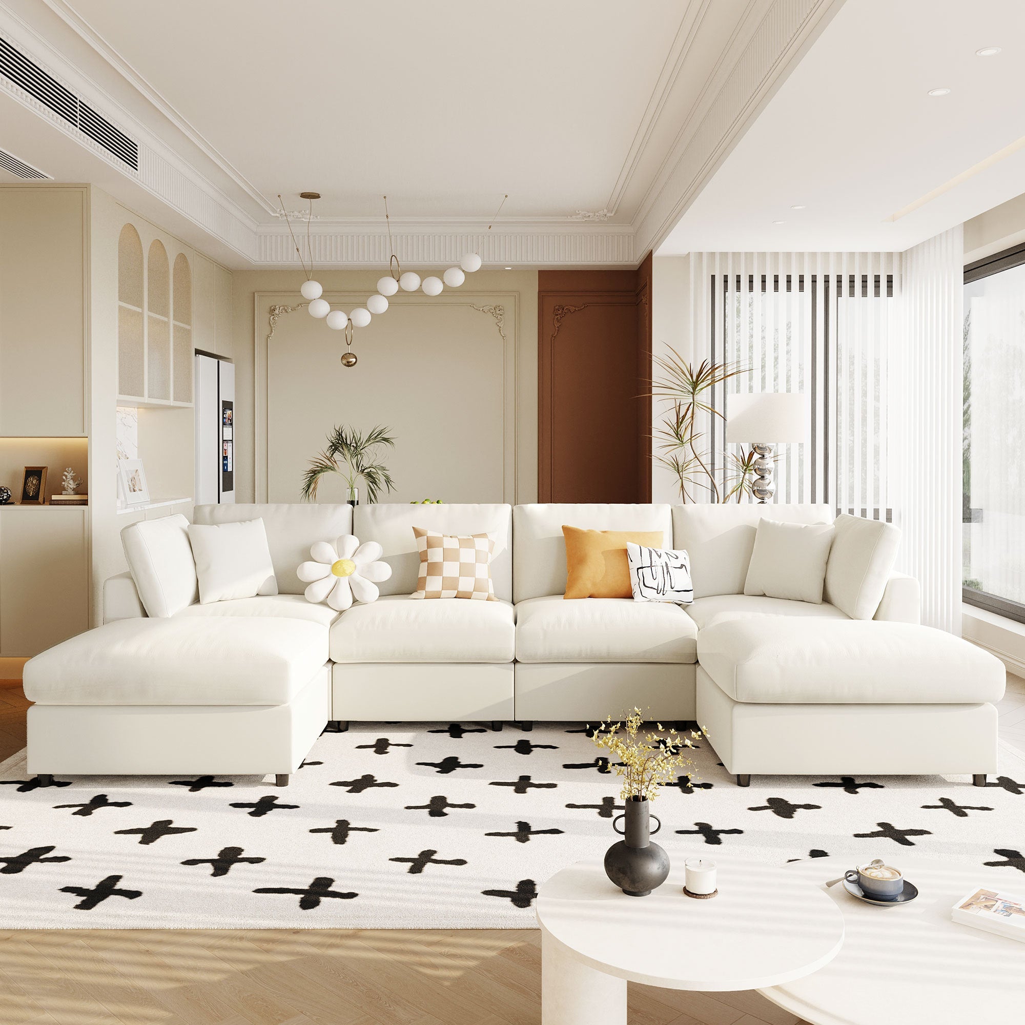 Canapé d'angle modulaire moderne en chenille en forme de U avec deux poufs