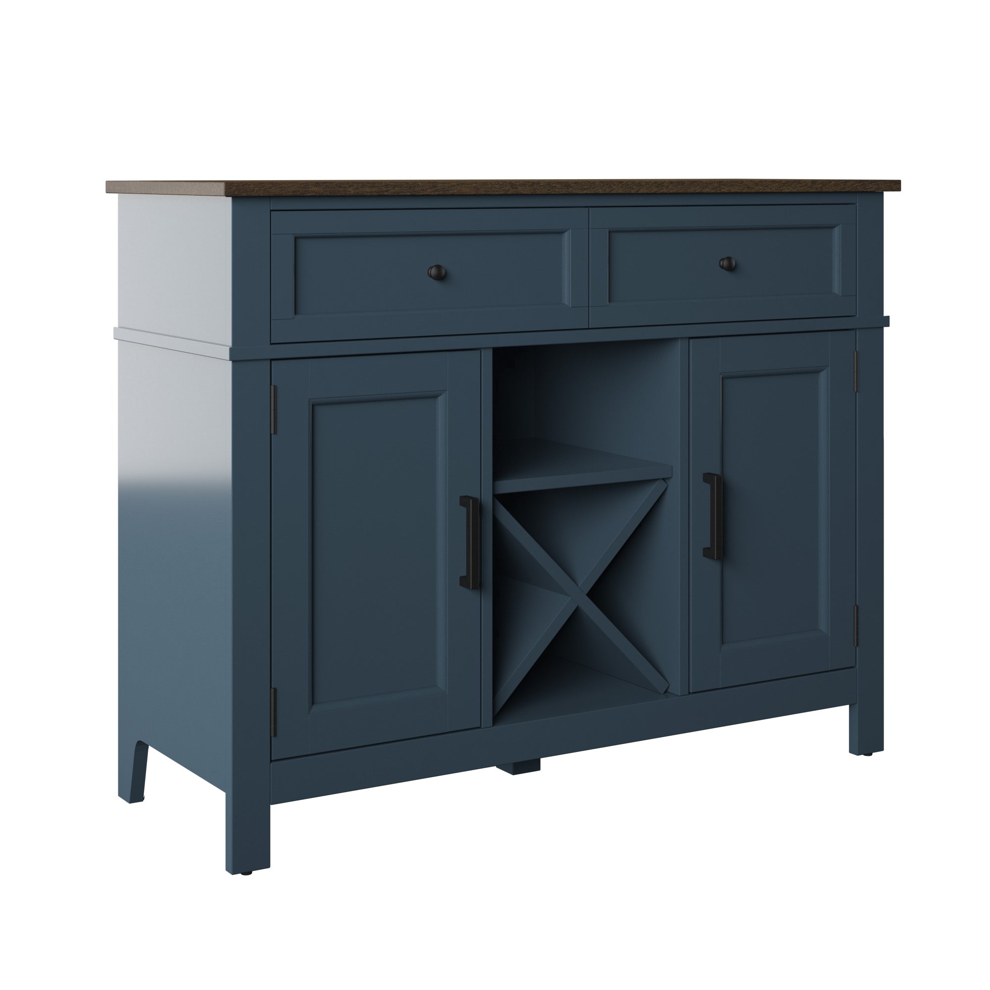 Buffet de style campagnard avec étagères à vin et rangement pour verres à pied