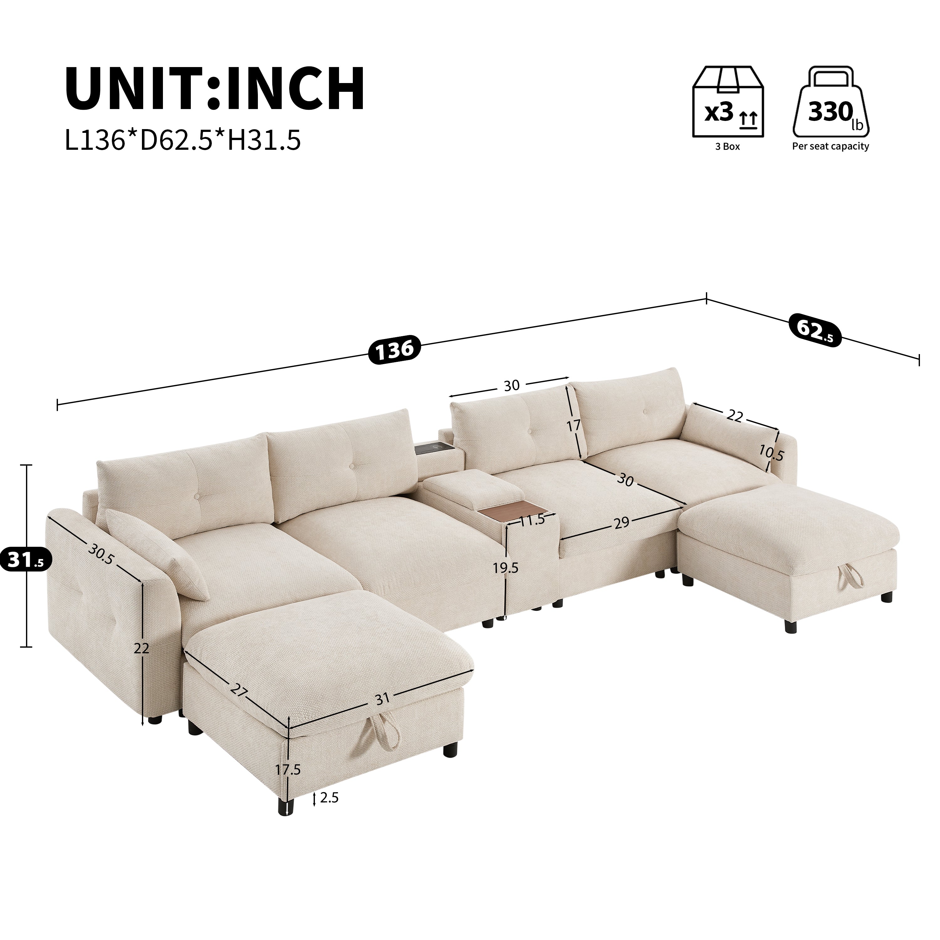 Canapé d'angle modulaire surdimensionné en chenille avec console et deux poufs de rangement