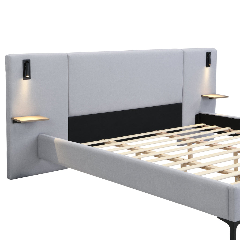 Cadre de lit contemporain King en lin recouvert de tissu avec éclairage et étagères 