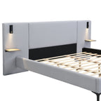 Cadre de lit contemporain King en lin recouvert de tissu avec éclairage et étagères 