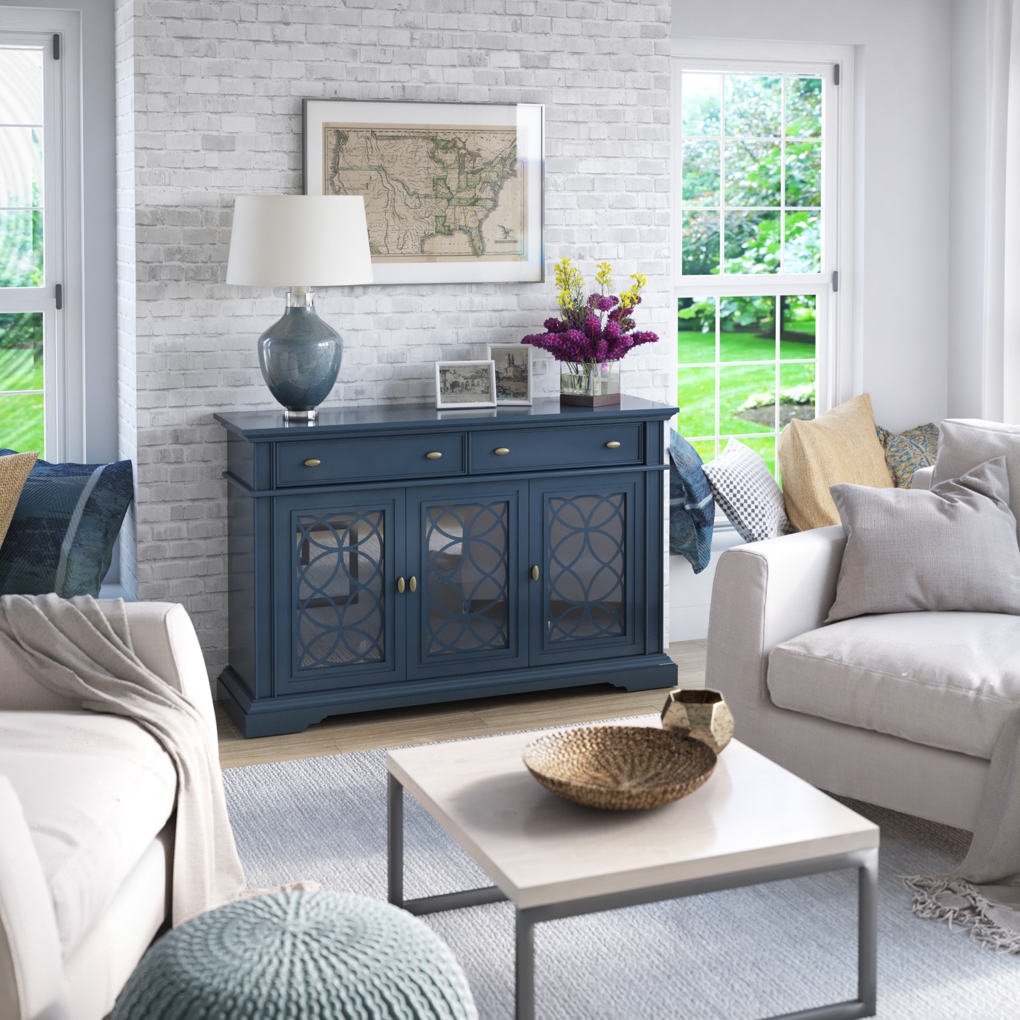 Buffet traditionnel de style campagnard de 52 pouces avec portes vitrées accentuées