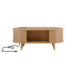 Ensemble de meuble TV et table basse ovales en teck cannelé, design incurvé, 3 pièces, pour téléviseurs jusqu'à 80 pouces. 
