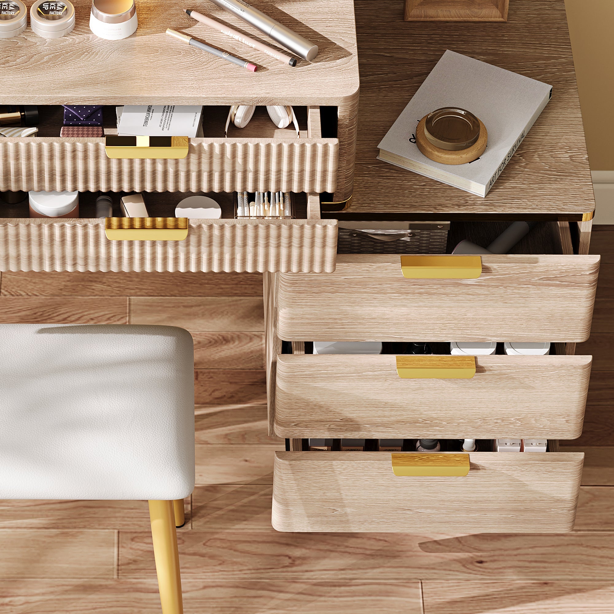 Coiffeuse moderne cannelée avec miroir LED et tabouret