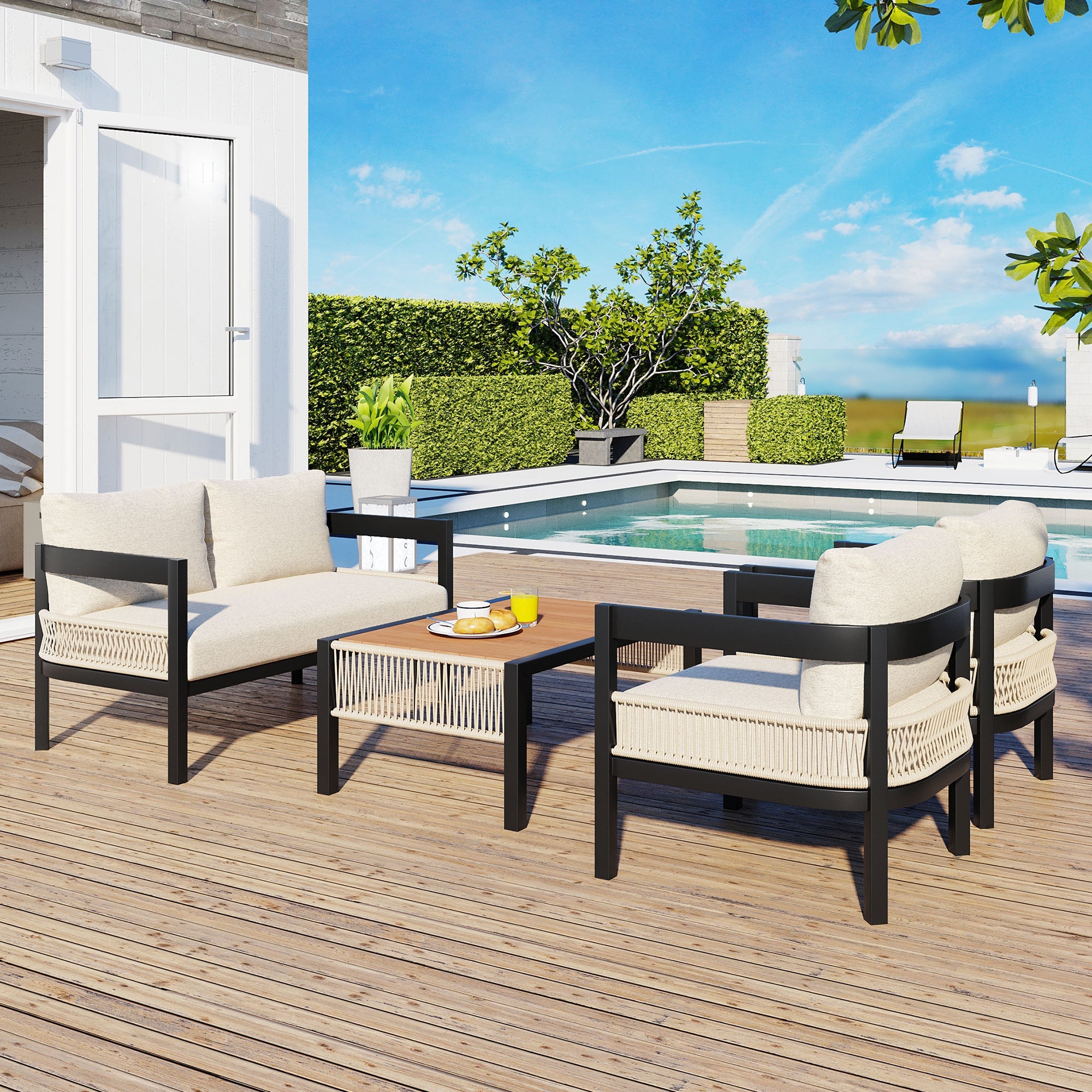 Walker Edison | Ensemble canapé d'extérieur en fer forgé au design moderne avec table basse 