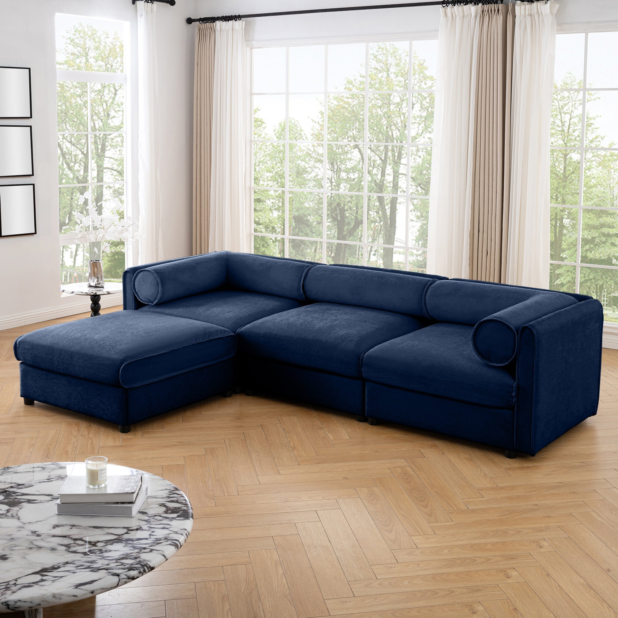 Walker Edison | Élégant canapé d'angle 3 places en chenille bleue avec rangement et pouf