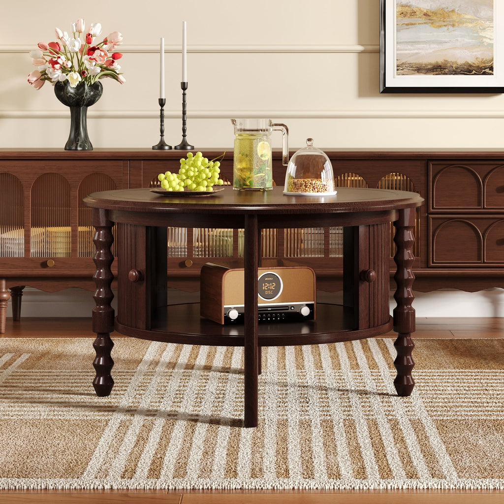 Table basse ronde de style traditionnel de 77 cm avec porte coulissante de rangement