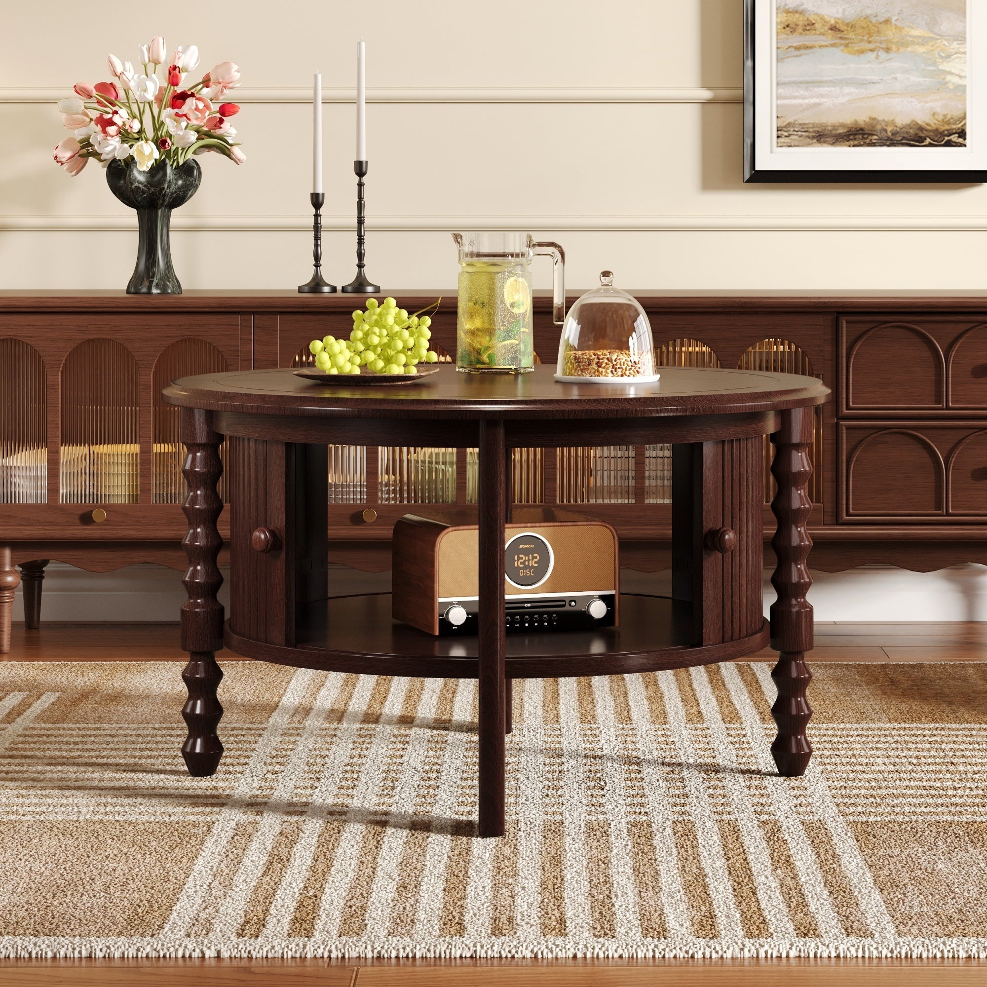 Table basse ronde de style traditionnel de 77 cm avec porte coulissante de rangement