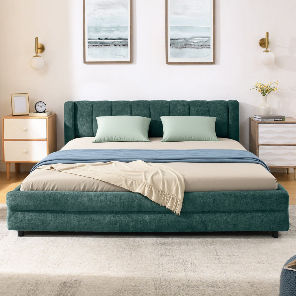 Cadre de lit rembourré en chenille, format queen, avec tiroirs 