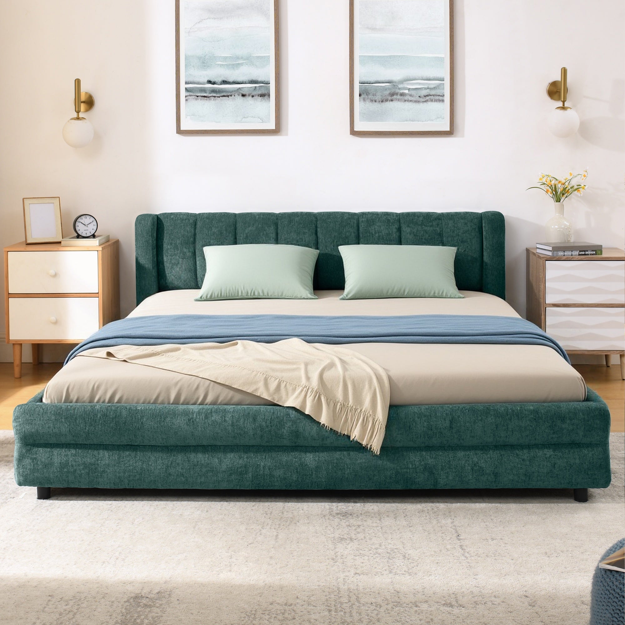 Cadre de lit rembourré en chenille, format queen, avec tiroirs 