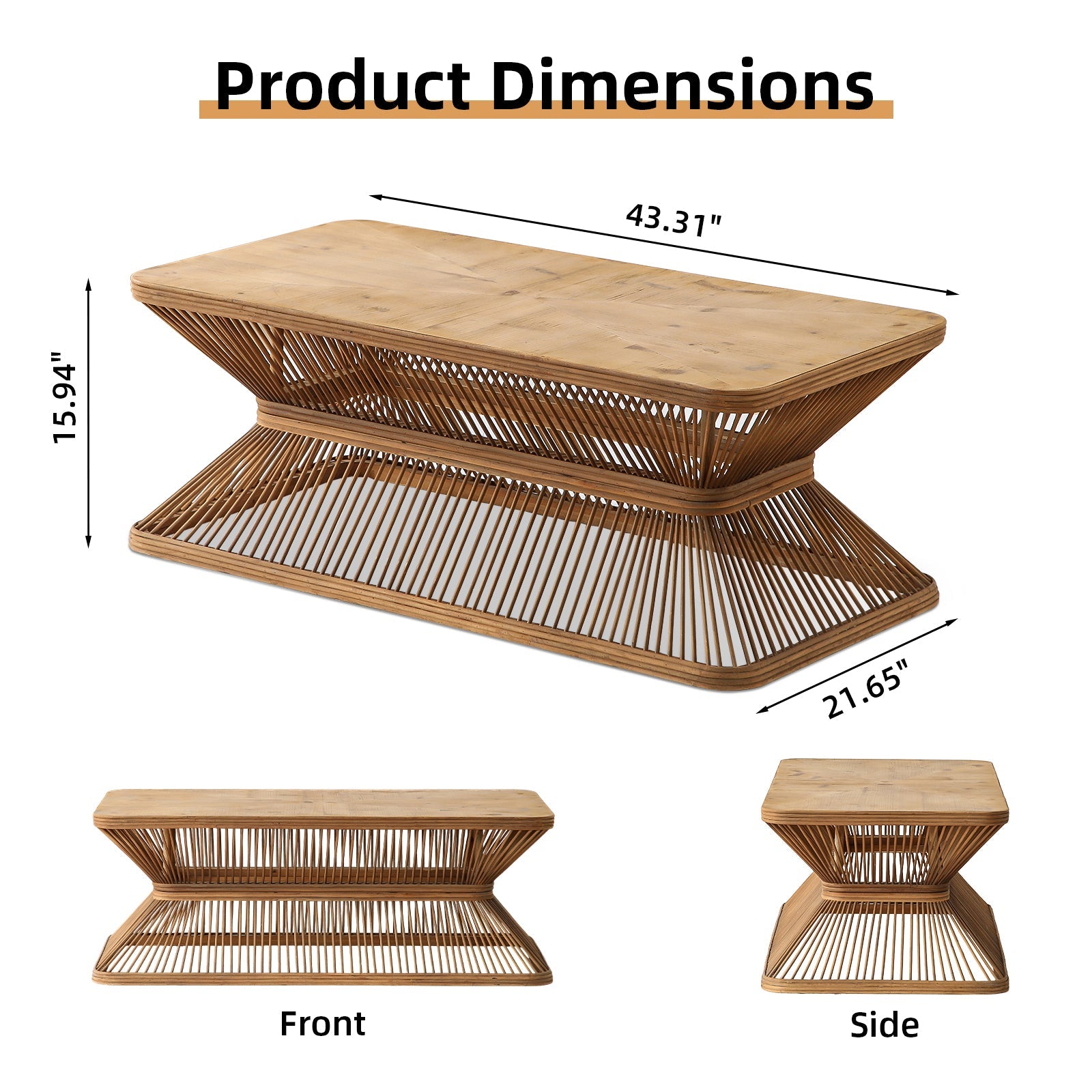 Table basse moderne de style Mid-Century avec piètement en bambou tressé 